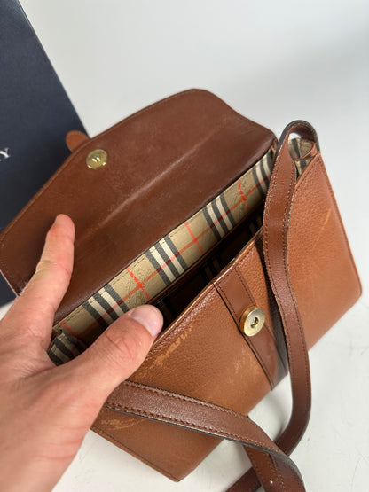 Vintage Burberry Pebbled Leather Crossbody Bag Tan Gold