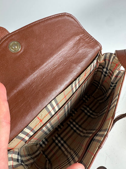 Vintage Burberry Pebbled Leather Crossbody Bag Tan Gold