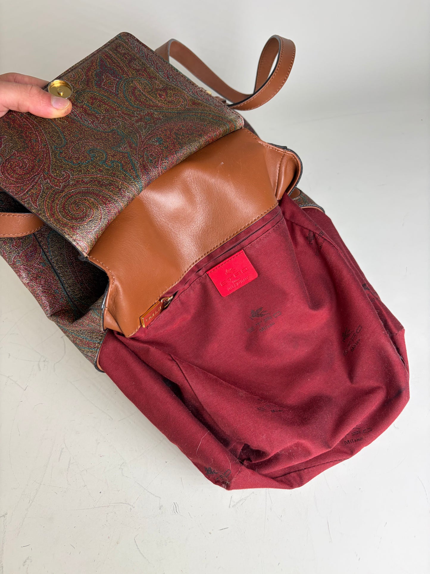 Vintage Etro Fabric Leather Trim Backpack Cream Rust Green