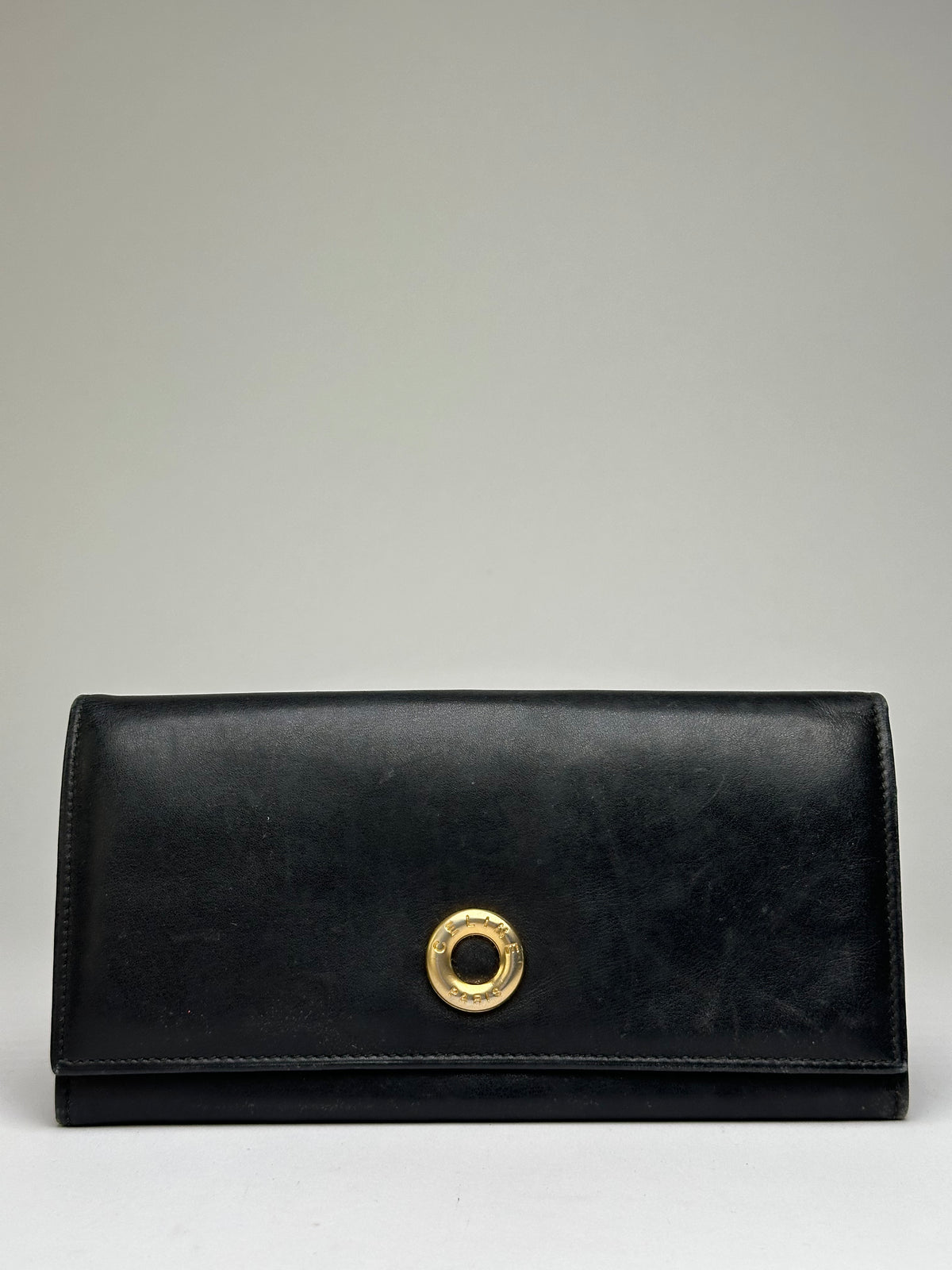 Vintage Celine Smooth Leather Bifold Wallet Black Gold