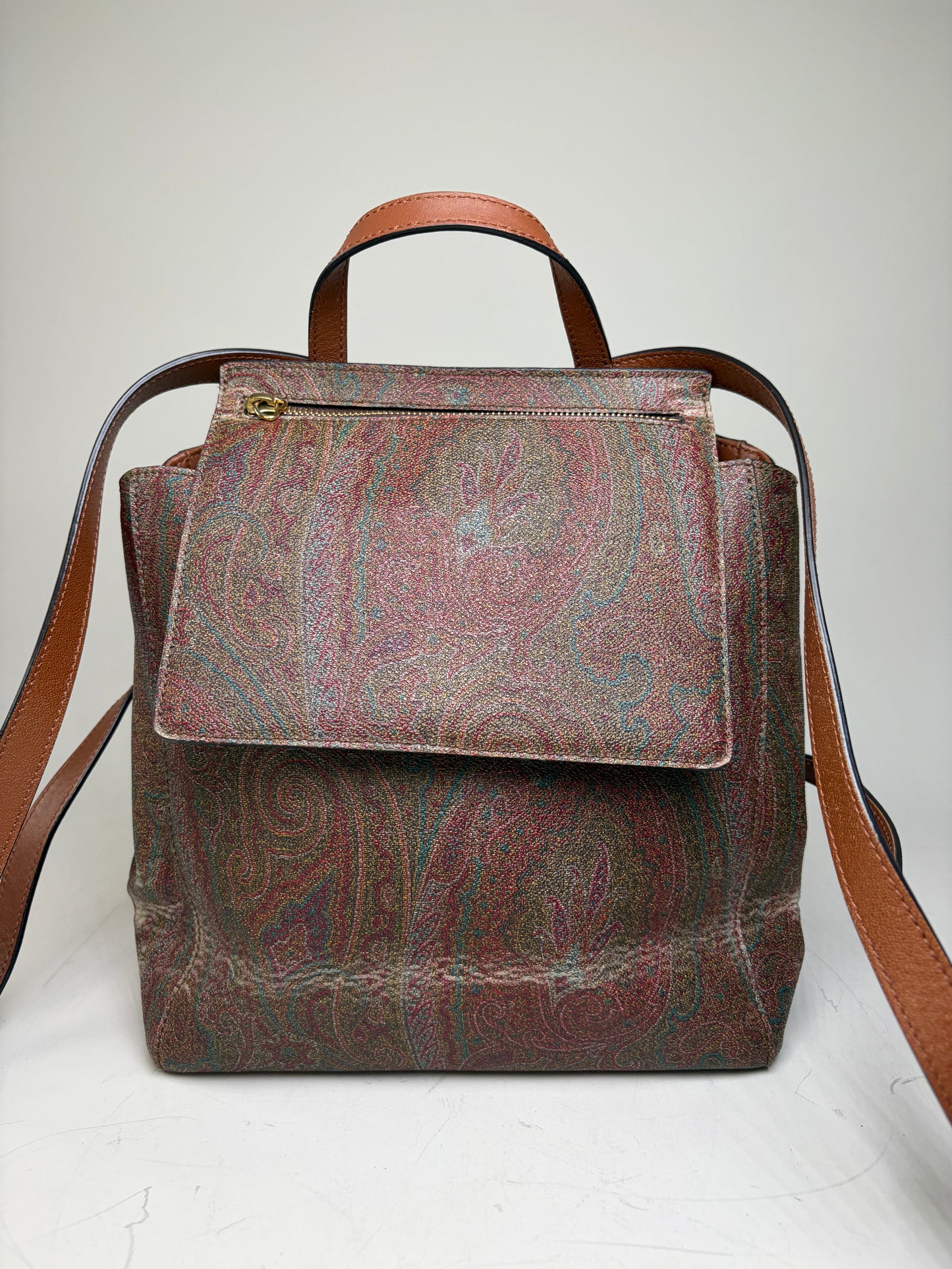Vintage Etro Fabric Leather Trim Backpack Cream Rust Green