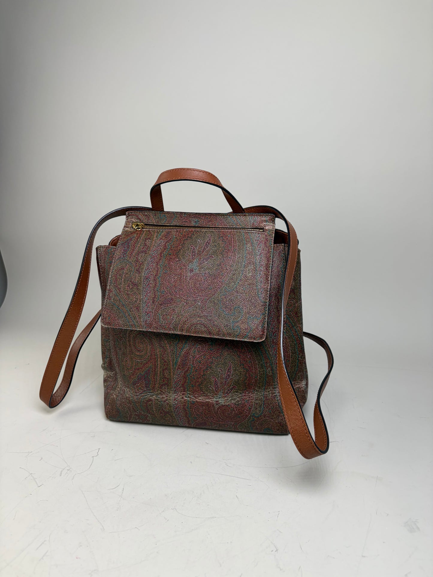 Vintage Etro Fabric Leather Trim Backpack Cream Rust Green