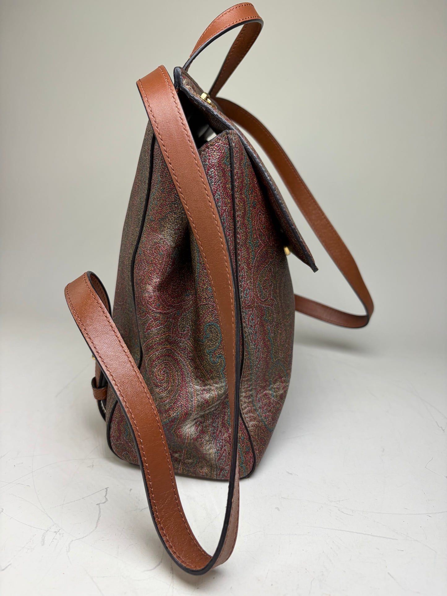 Vintage Etro Fabric Leather Trim Backpack Cream Rust Green