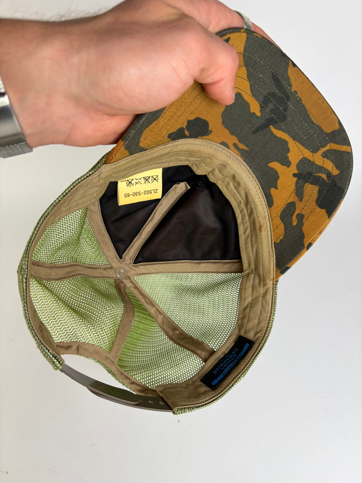 Vintage Burberry Camo Mesh Cap c. 2010s Orange Green