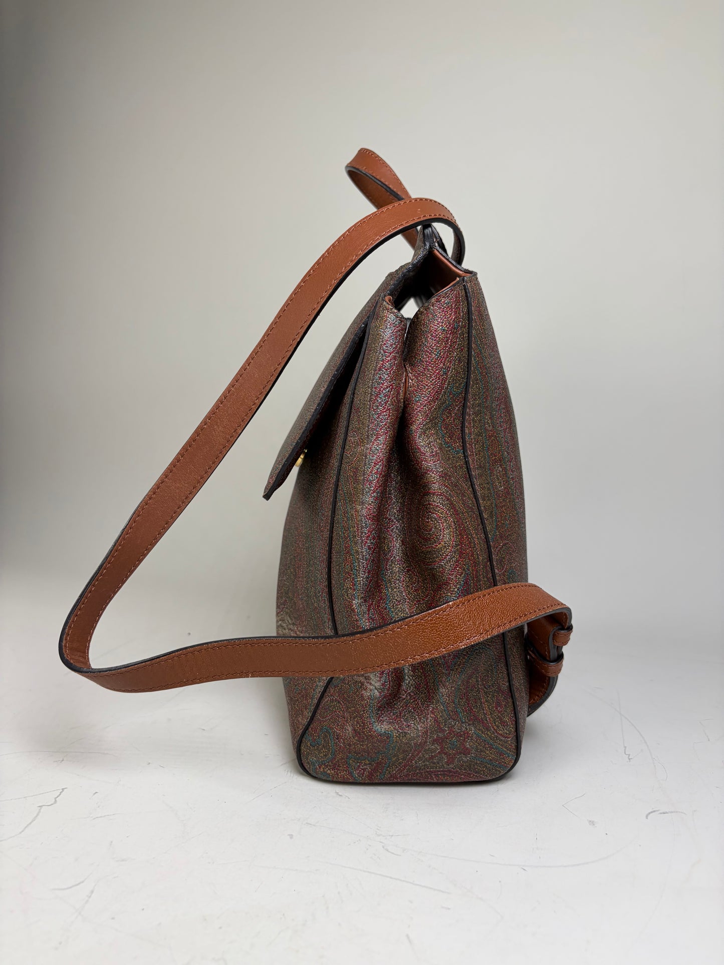 Vintage Etro Fabric Leather Trim Backpack Cream Rust Green