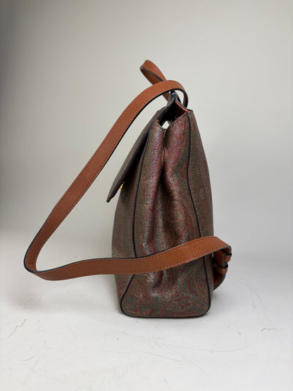 Vintage Etro Fabric Leather Trim Backpack Cream Rust Green