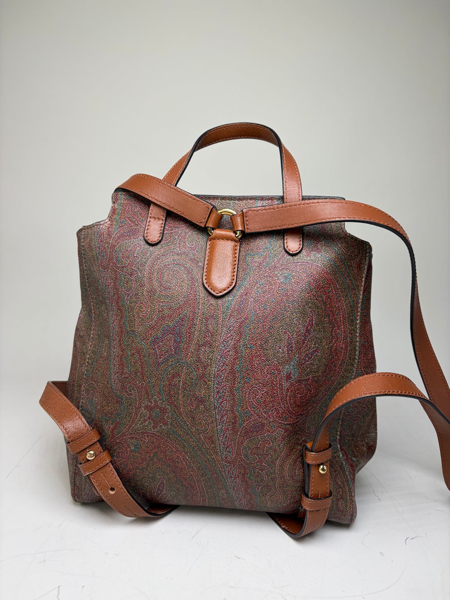 Vintage Etro Fabric Leather Trim Backpack Cream Rust Green