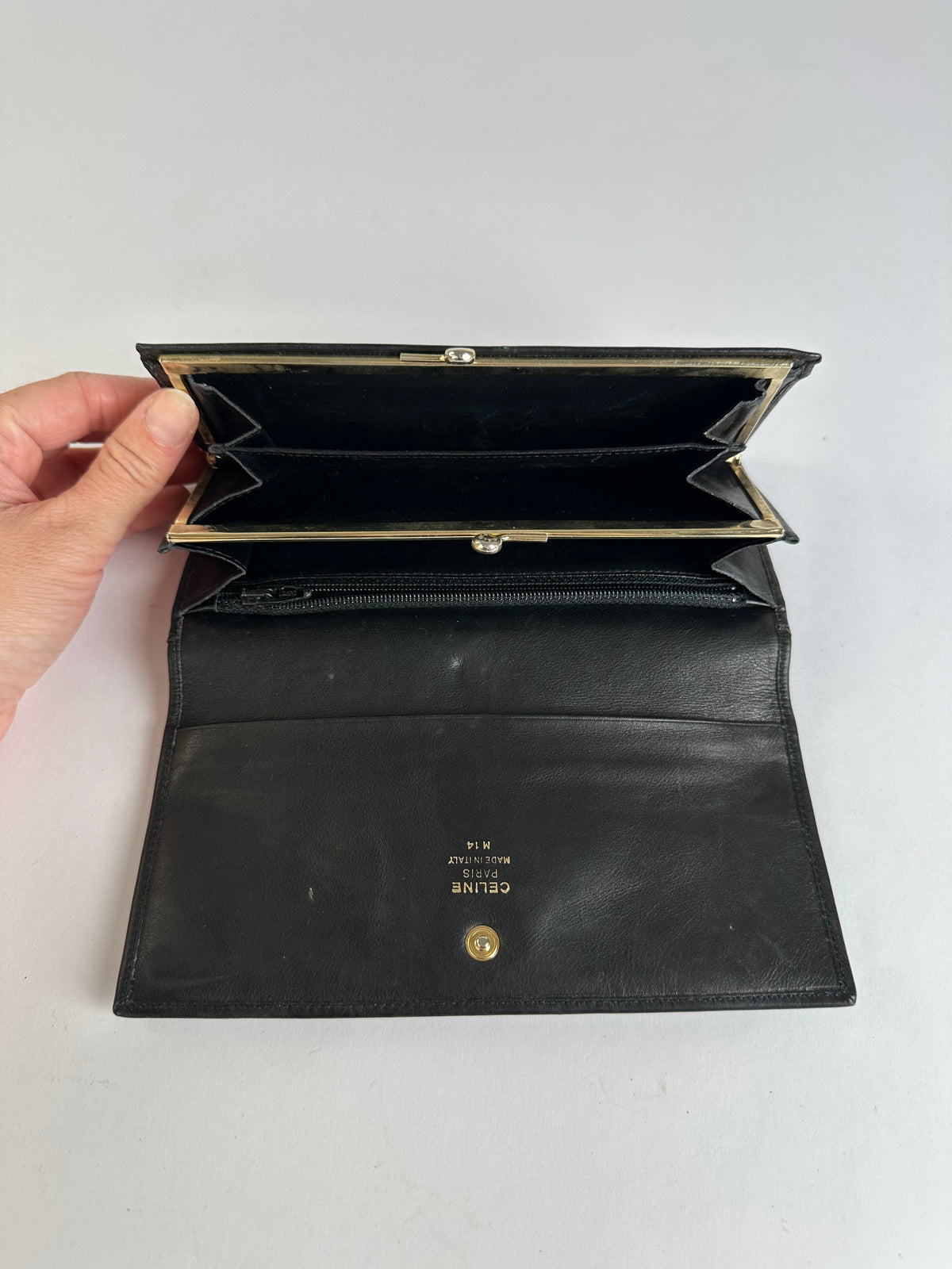 Vintage Celine Smooth Leather Bifold Wallet Black Gold