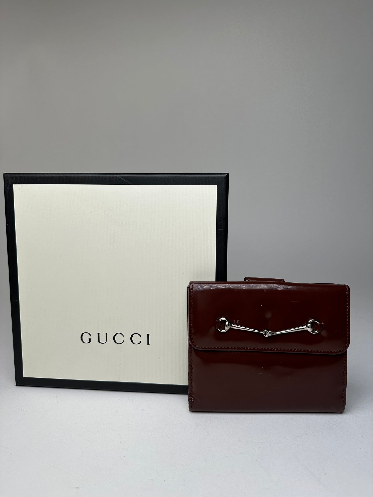 Vintage Gucci Horsebit Compact Wallet Burgundy Patent Leather