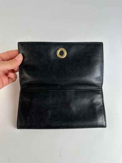Vintage Celine Smooth Leather Bifold Wallet Black Gold