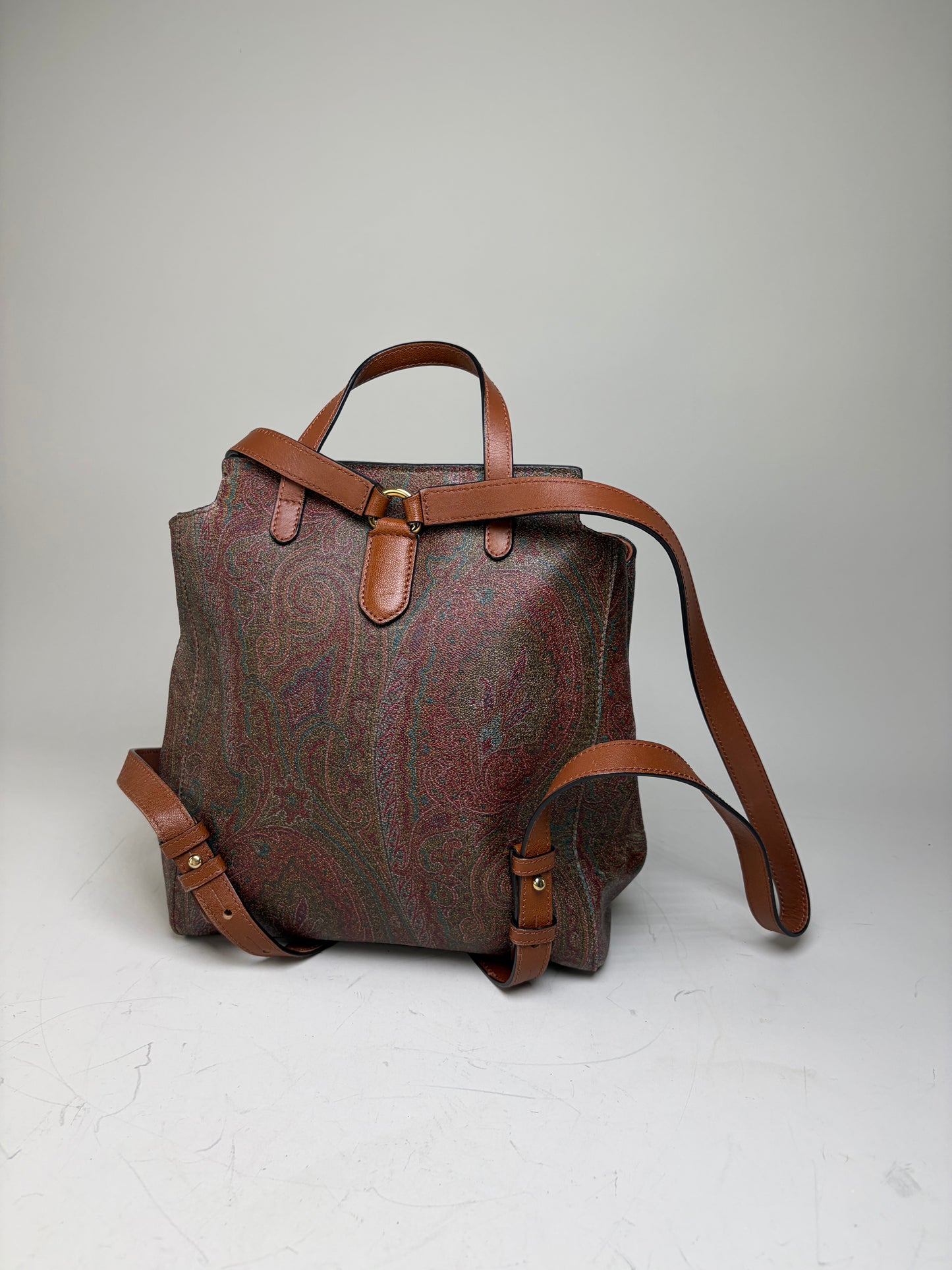 Vintage Etro Fabric Leather Trim Backpack Cream Rust Green