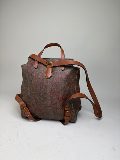 Vintage Etro Fabric Leather Trim Backpack Cream Rust Green
