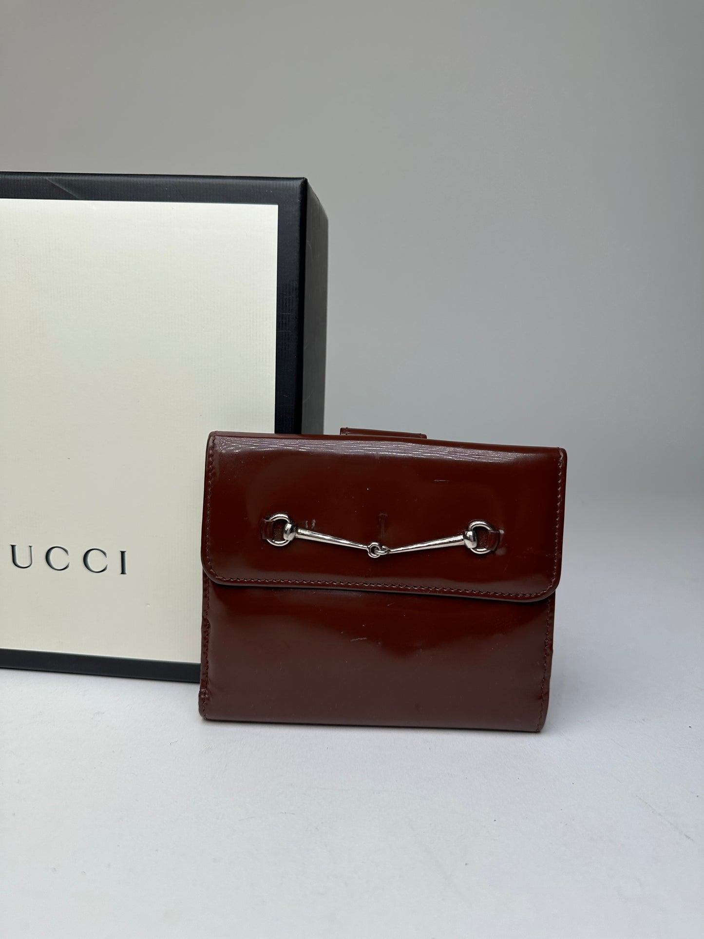 Vintage Gucci Horsebit Compact Wallet Burgundy Patent Leather