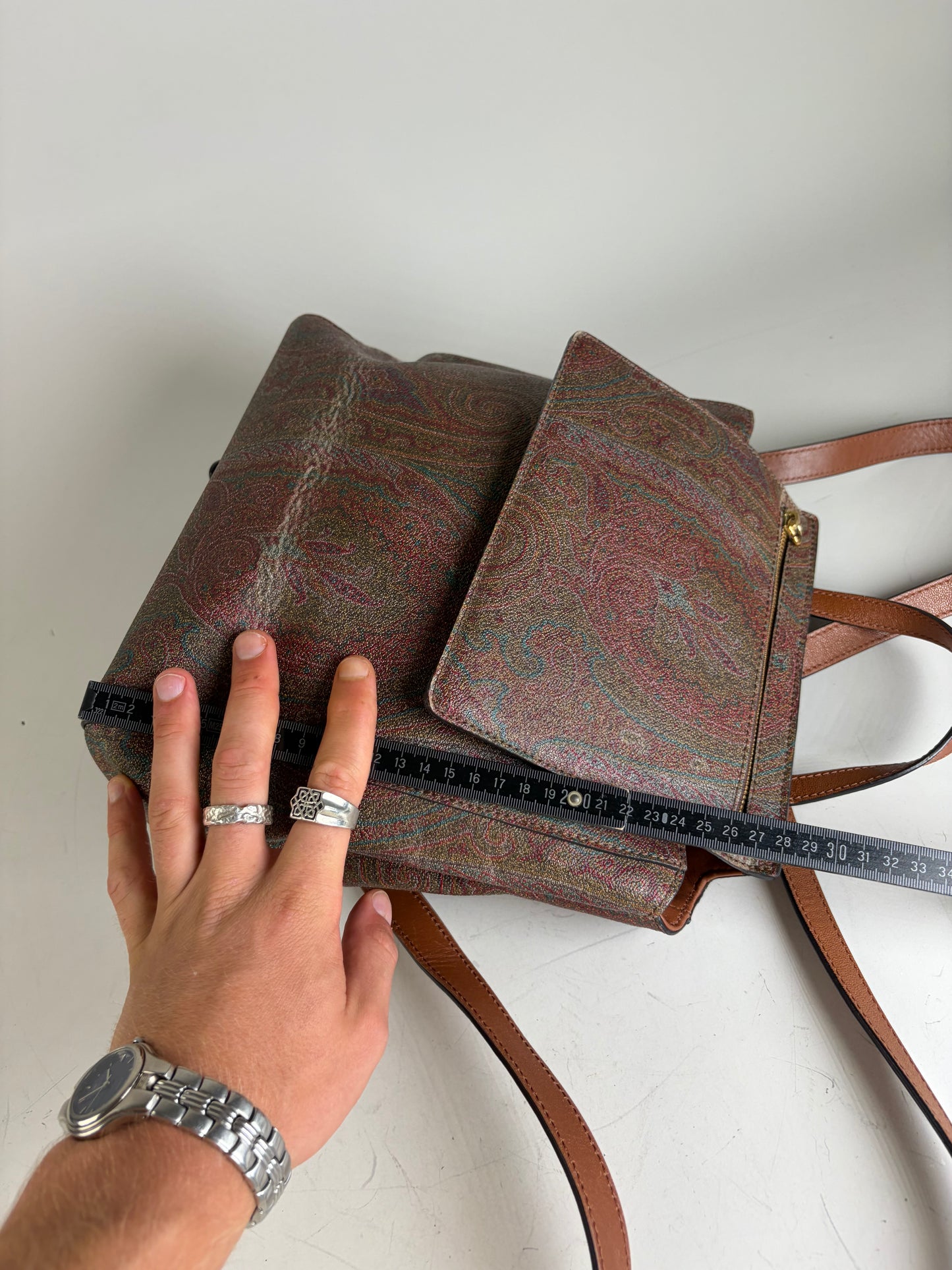 Vintage Etro Fabric Leather Trim Backpack Cream Rust Green