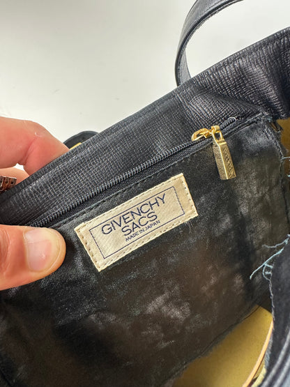 Vintage Givenchy Logo Embossed Leather Shoulder Bag Black Gold