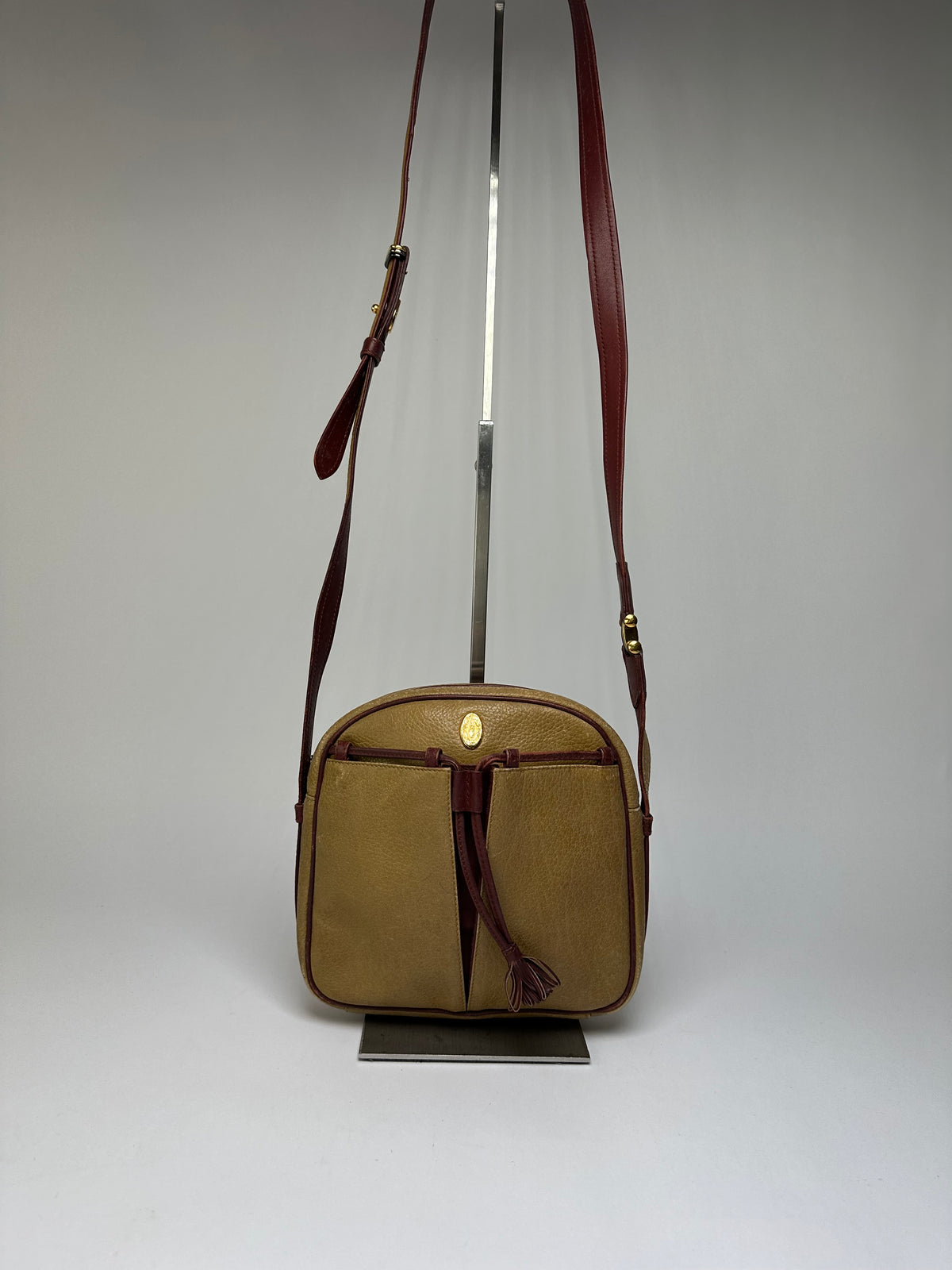 Vintage Cartier Must de Cartier Textured Leather Crossbody Bag Tan Burgundy
