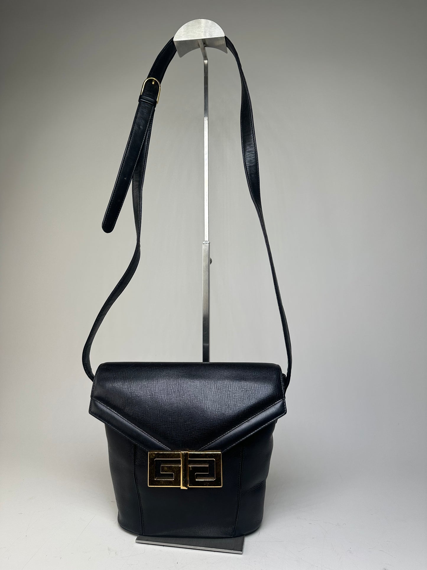 Vintage Givenchy Logo Embossed Leather Shoulder Bag Black Gold