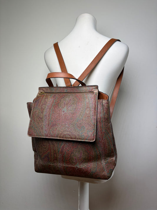 Vintage Etro Fabric Leather Trim Backpack Cream Rust Green