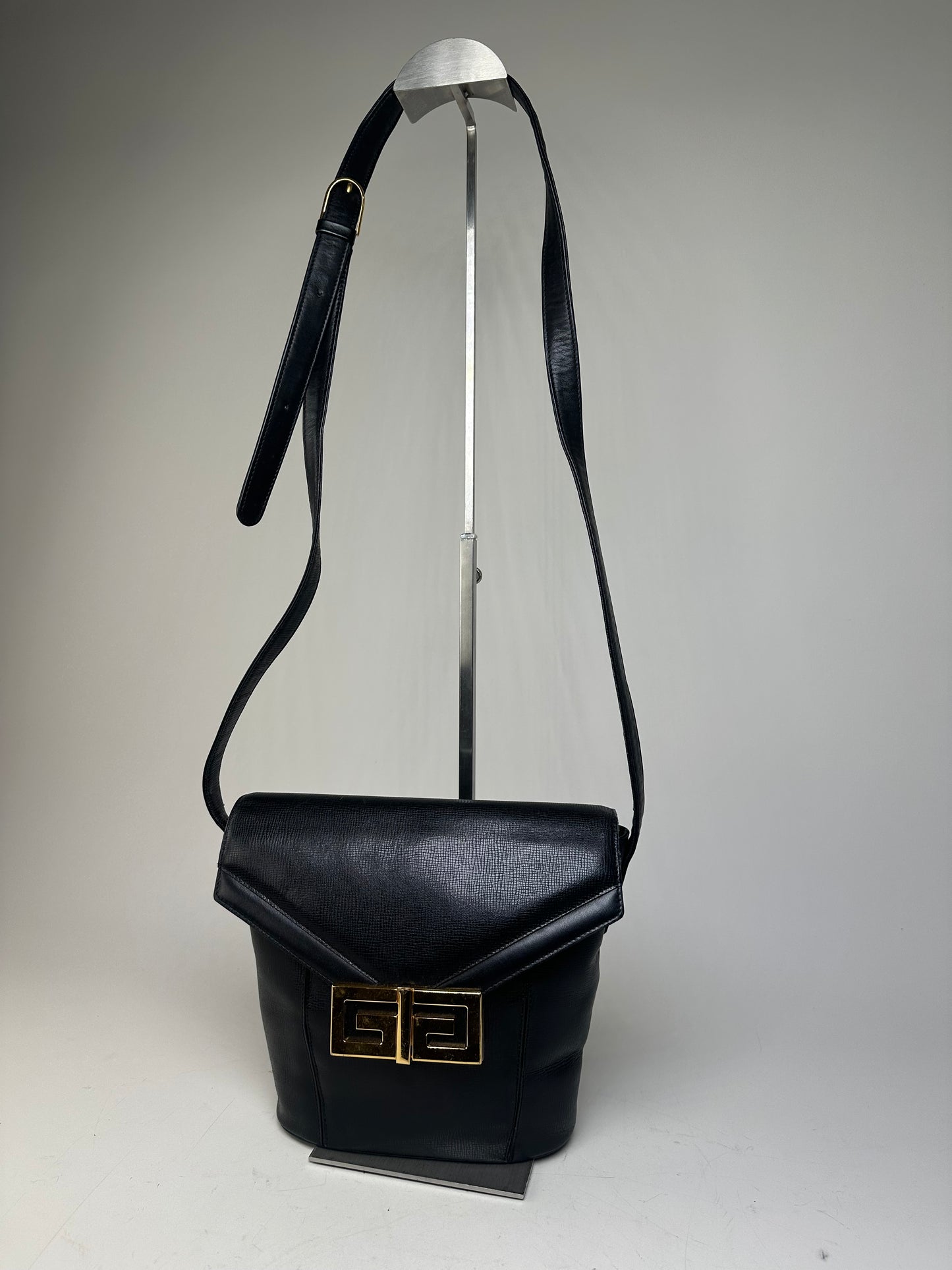 Vintage Givenchy Logo Embossed Leather Shoulder Bag Black Gold