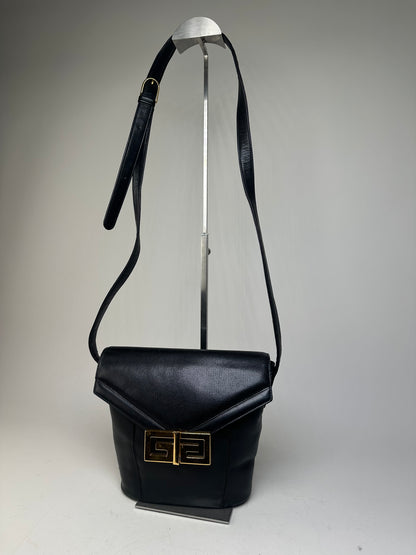 Vintage Givenchy Logo Embossed Leather Shoulder Bag Black Gold