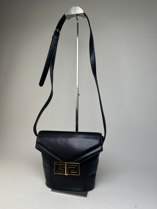Vintage Givenchy Logo Embossed Leather Shoulder Bag Black Gold
