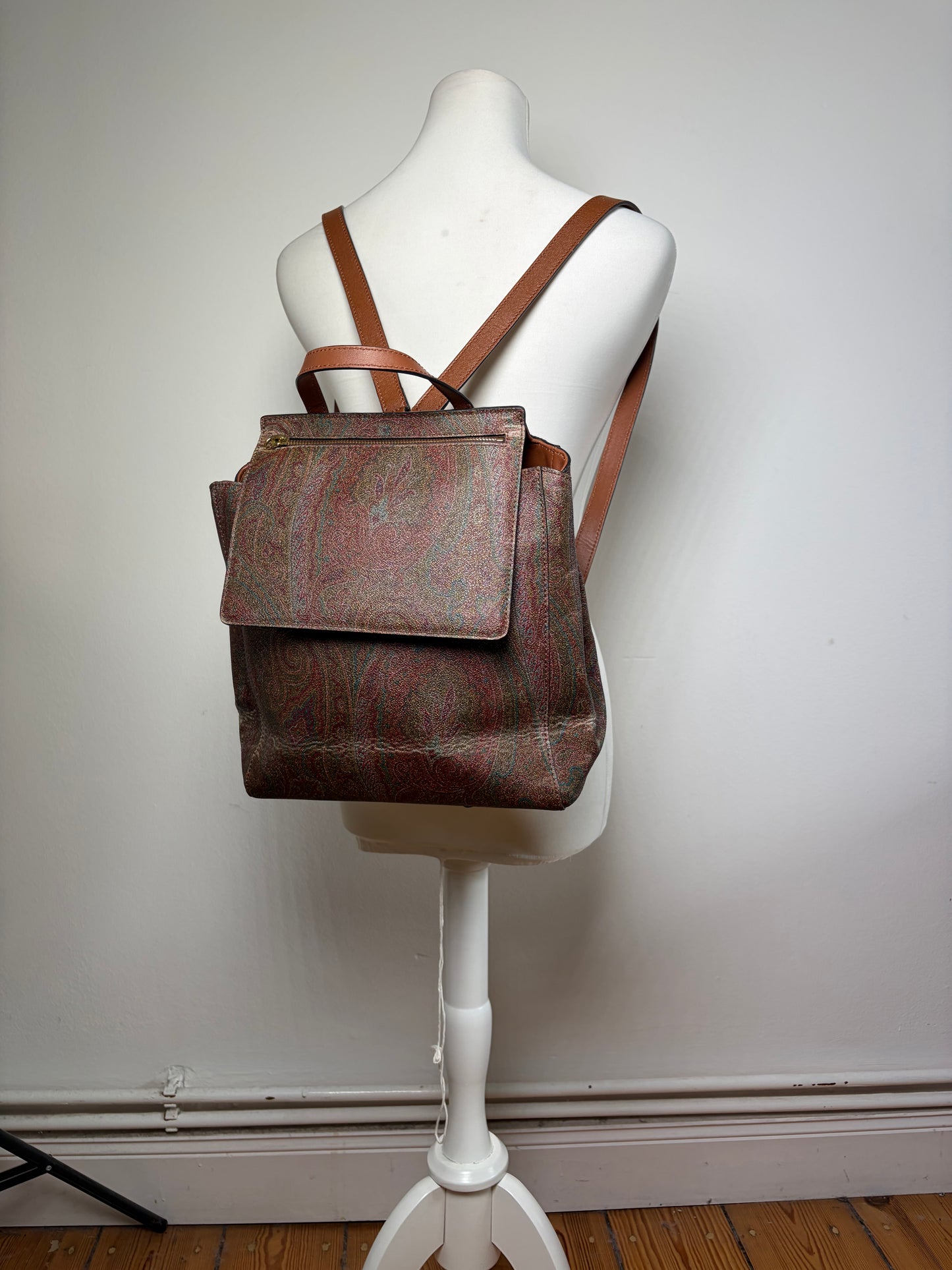 Vintage Etro Fabric Leather Trim Backpack Cream Rust Green