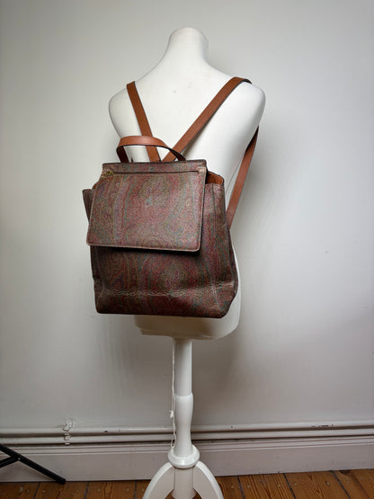 Vintage Etro Fabric Leather Trim Backpack Cream Rust Green