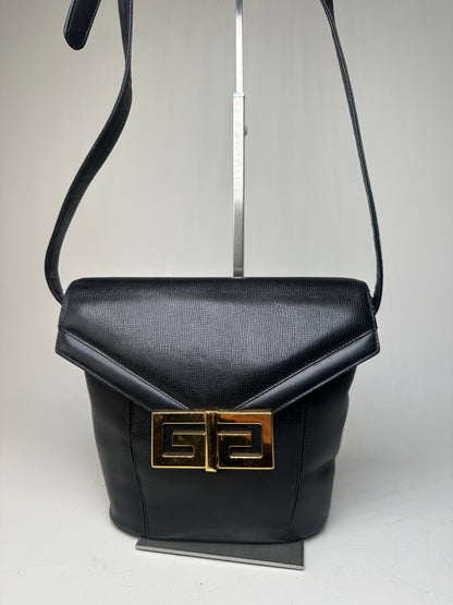 Vintage Givenchy Logo Embossed Leather Shoulder Bag Black Gold