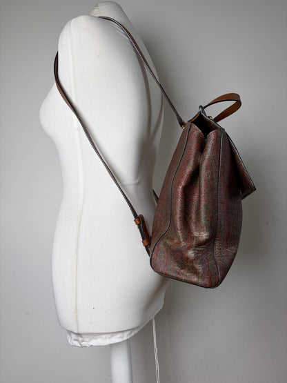 Vintage Etro Fabric Leather Trim Backpack Cream Rust Green