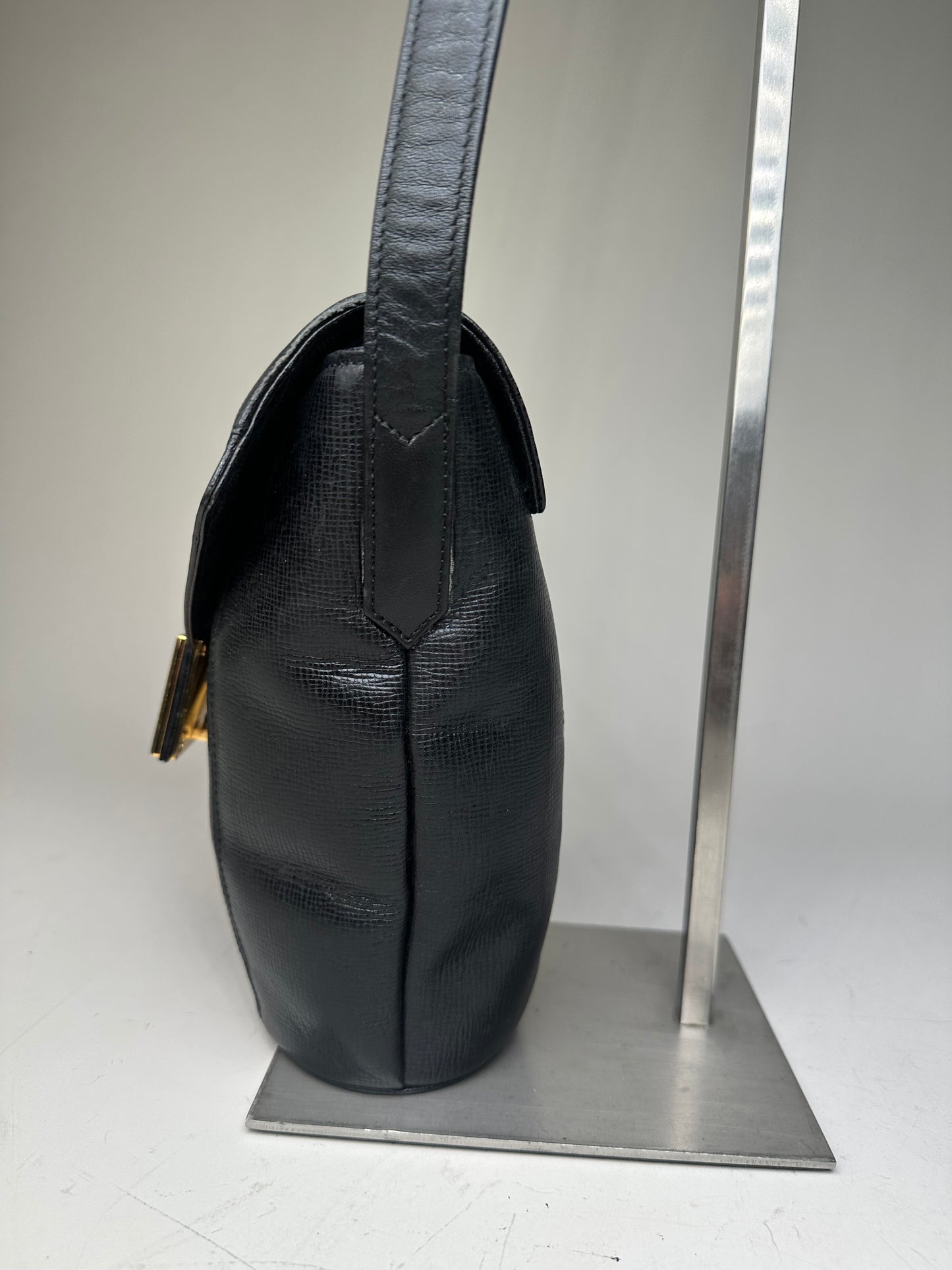 Vintage Givenchy Logo Embossed Leather Shoulder Bag Black Gold