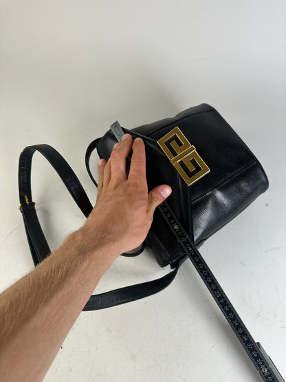 Vintage Givenchy Logo Embossed Leather Shoulder Bag Black Gold