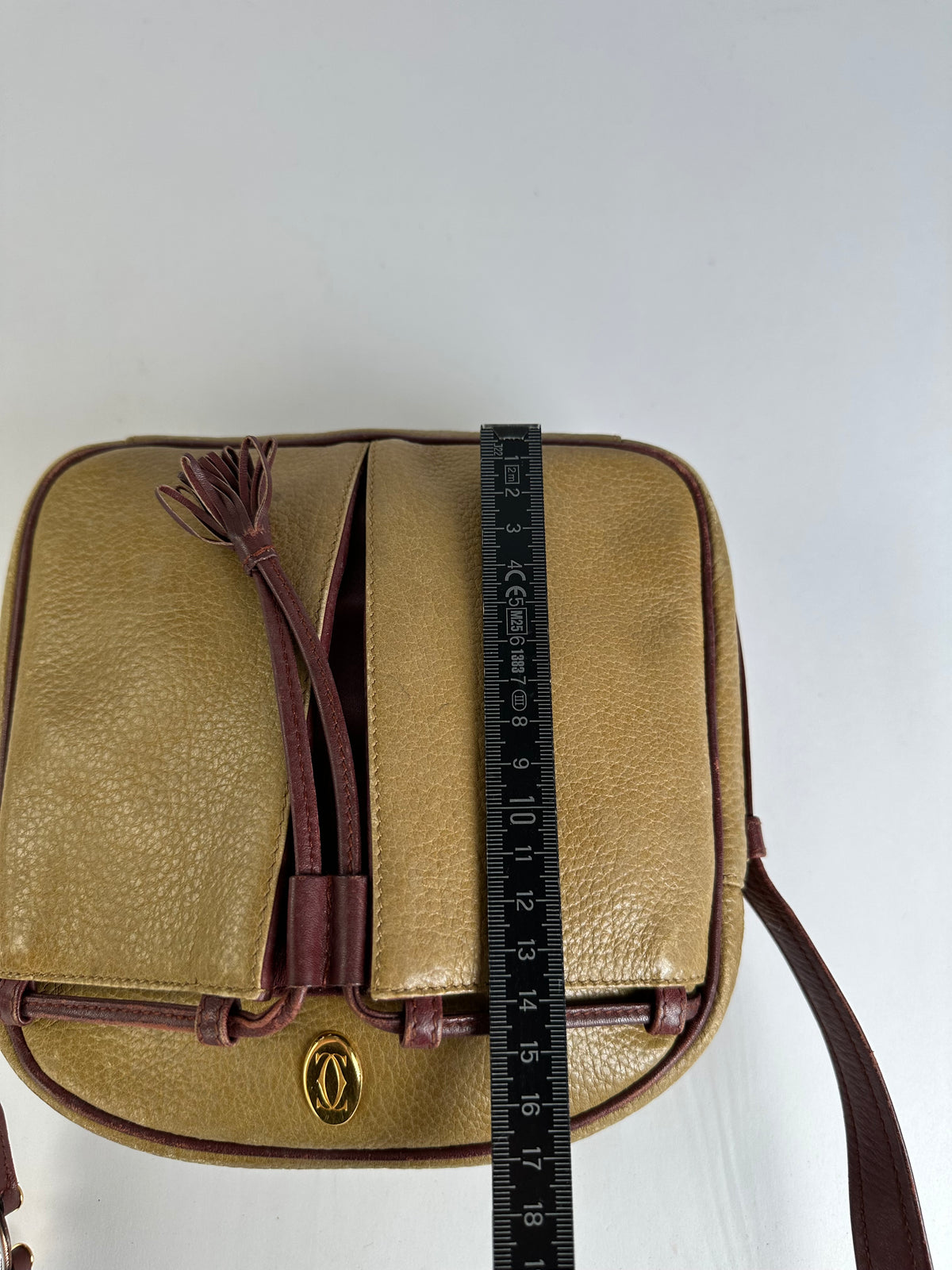 Vintage Cartier Must de Cartier Textured Leather Crossbody Bag Tan Burgundy