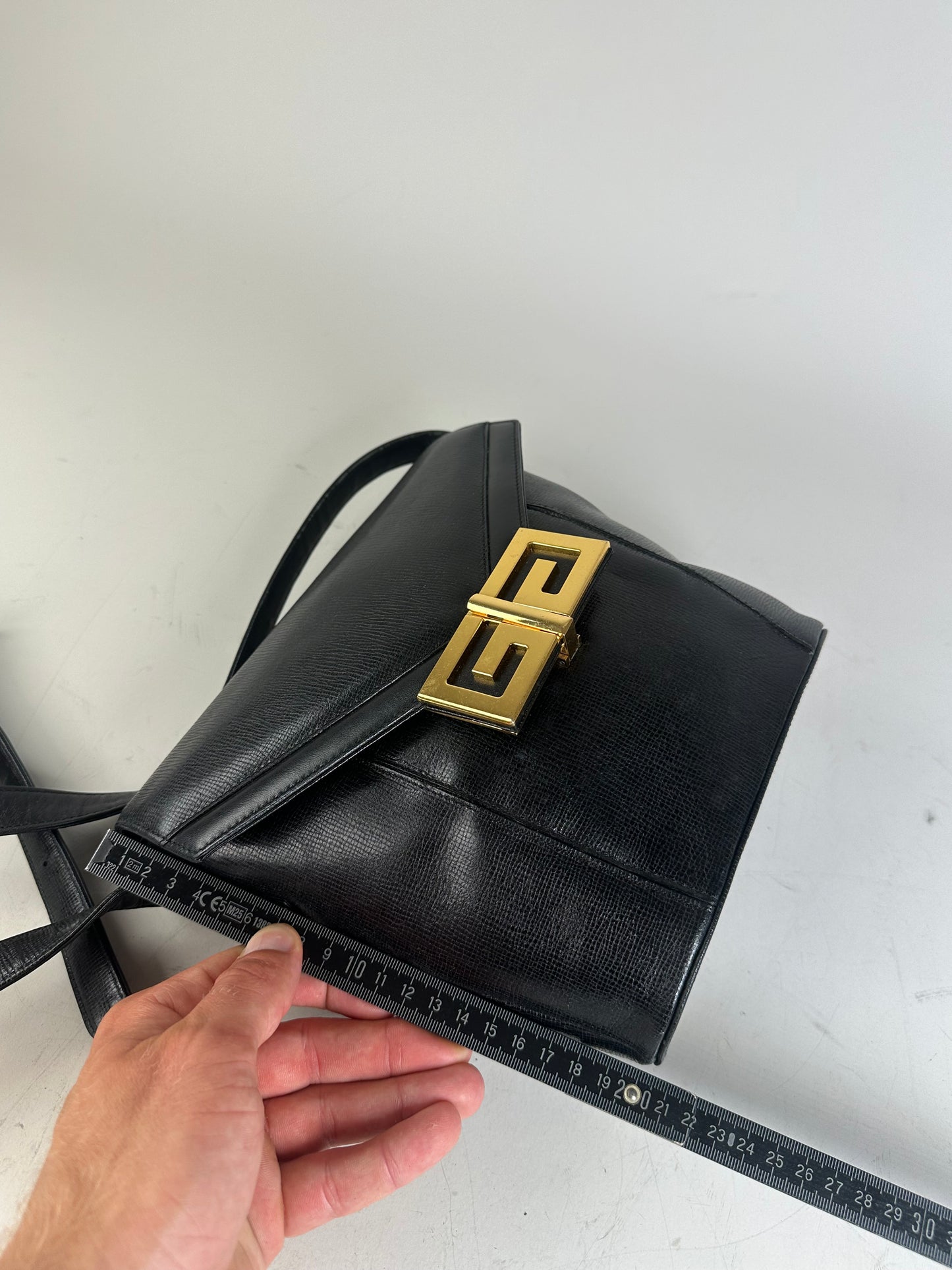 Vintage Givenchy Logo Embossed Leather Shoulder Bag Black Gold