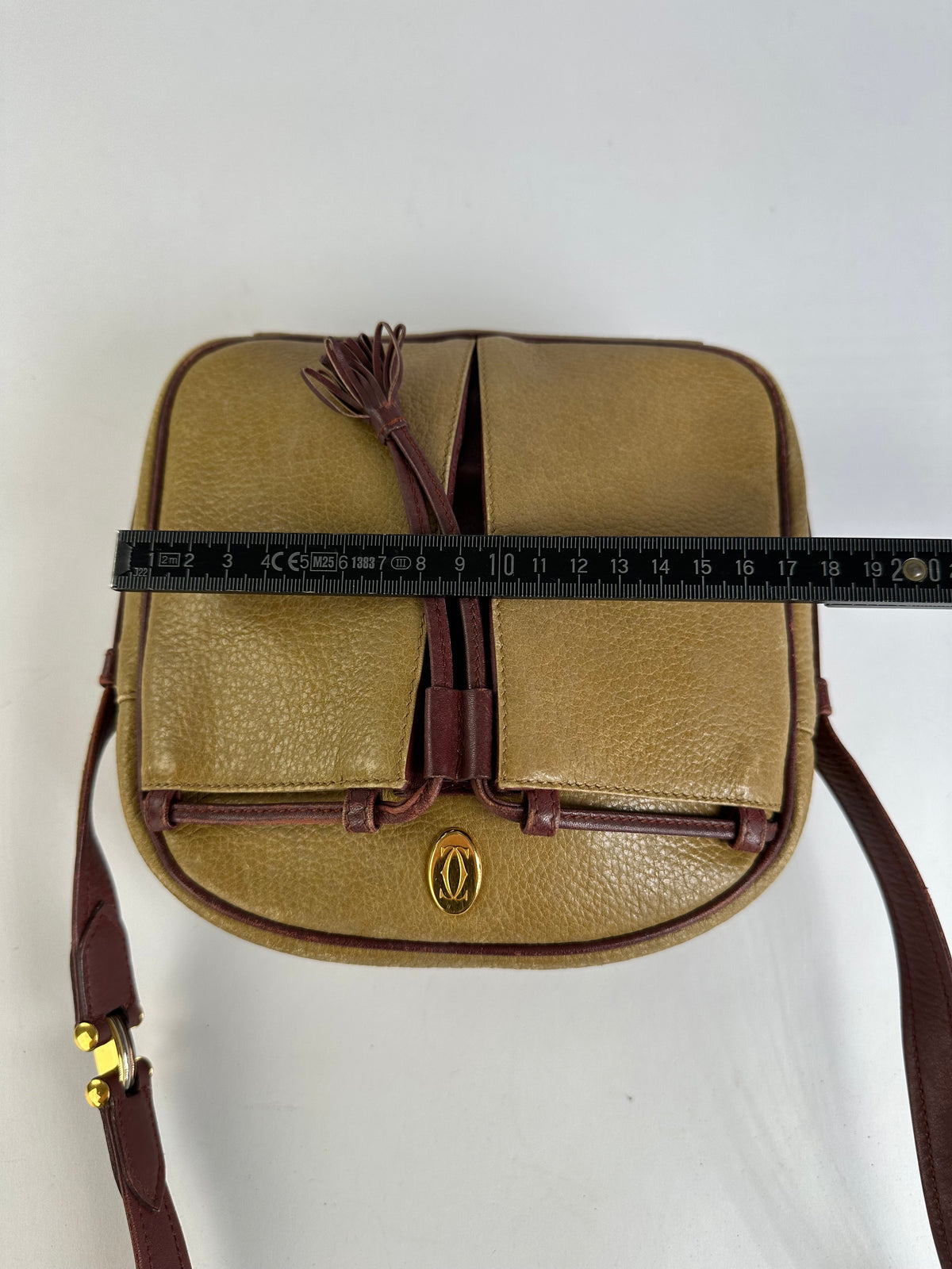 Vintage Cartier Must de Cartier Textured Leather Crossbody Bag Tan Burgundy