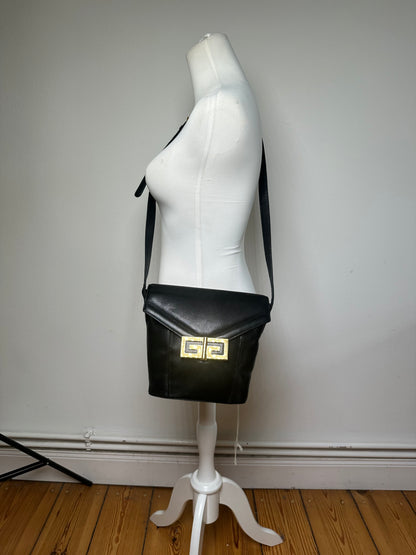 Vintage Givenchy Logo Embossed Leather Shoulder Bag Black Gold