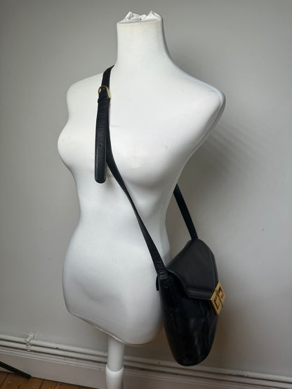Vintage Givenchy Logo Embossed Leather Shoulder Bag Black Gold