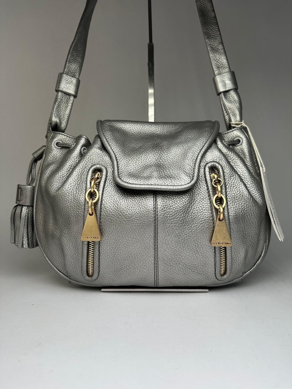 Vintage Chloe See by Chloé Pebbled Leather Flap Crossbody Bag c. Mid-2000s Silver