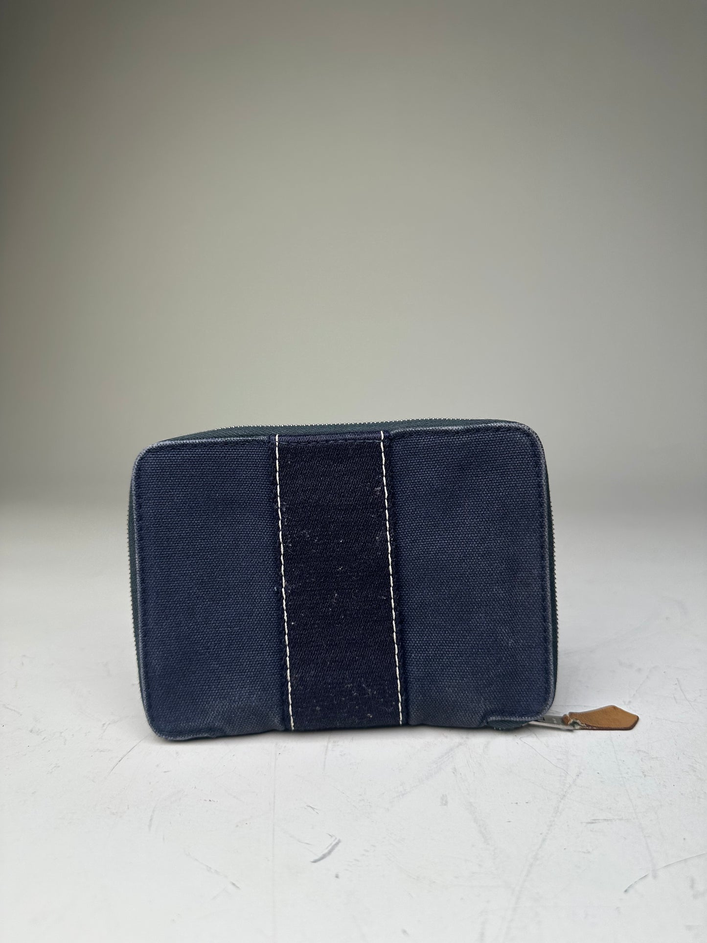 Vintage Hermes Canvas Zip Wallet Navy Blue Silver