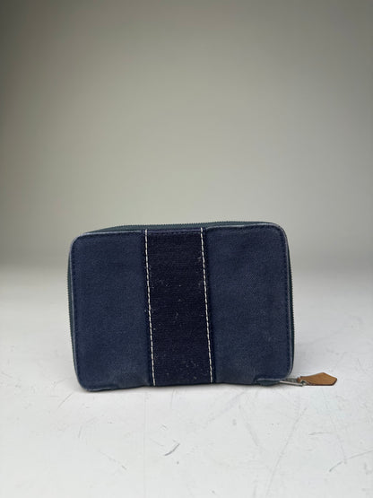 Vintage Hermes Canvas Zip Wallet Navy Blue Silver