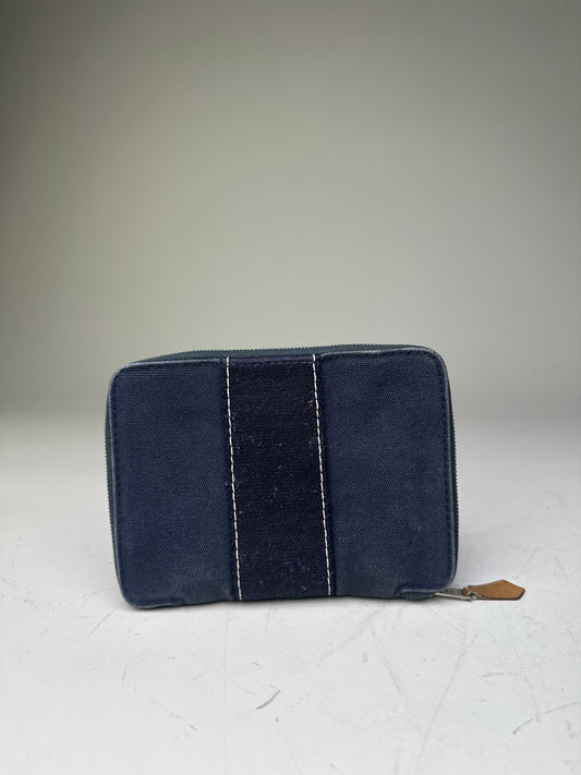 Vintage Hermes Canvas Zip Wallet Navy Blue Silver