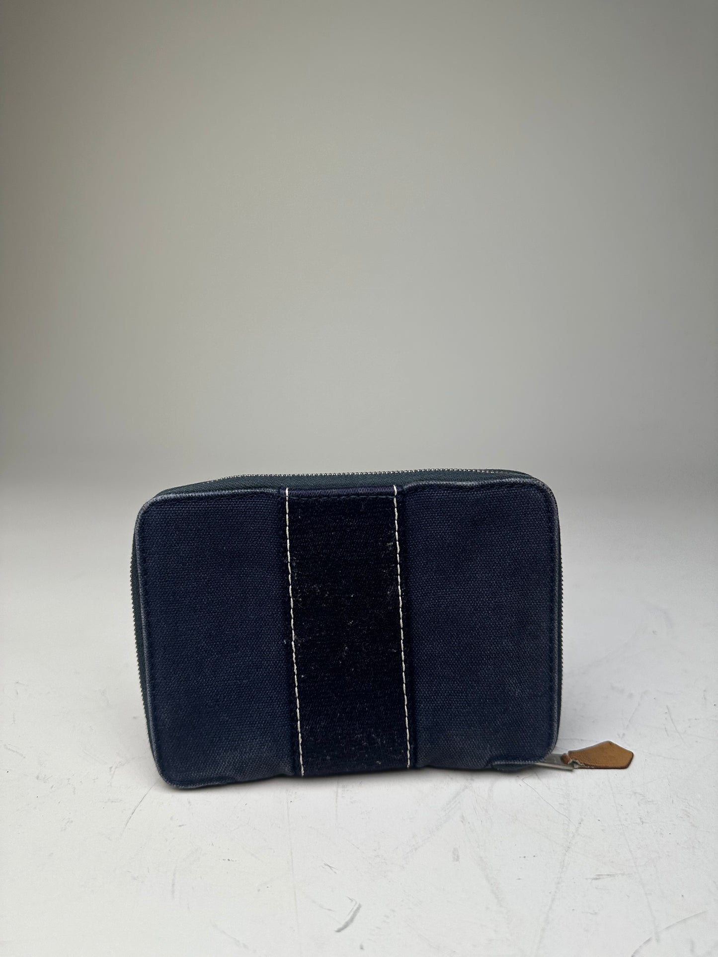 Vintage Hermes Canvas Zip Wallet Navy Blue Silver