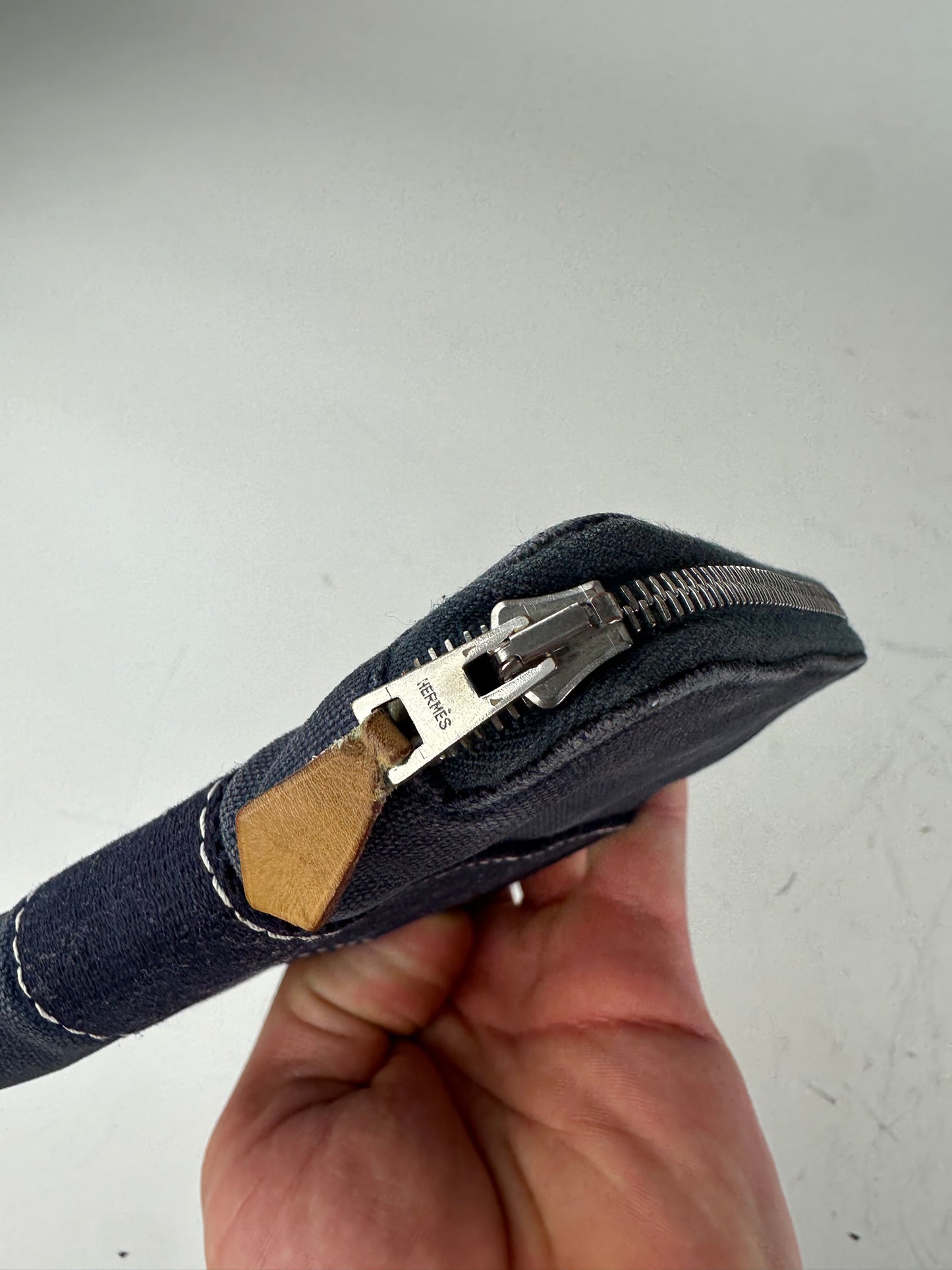 Vintage Hermes Canvas Zip Wallet Navy Blue Silver