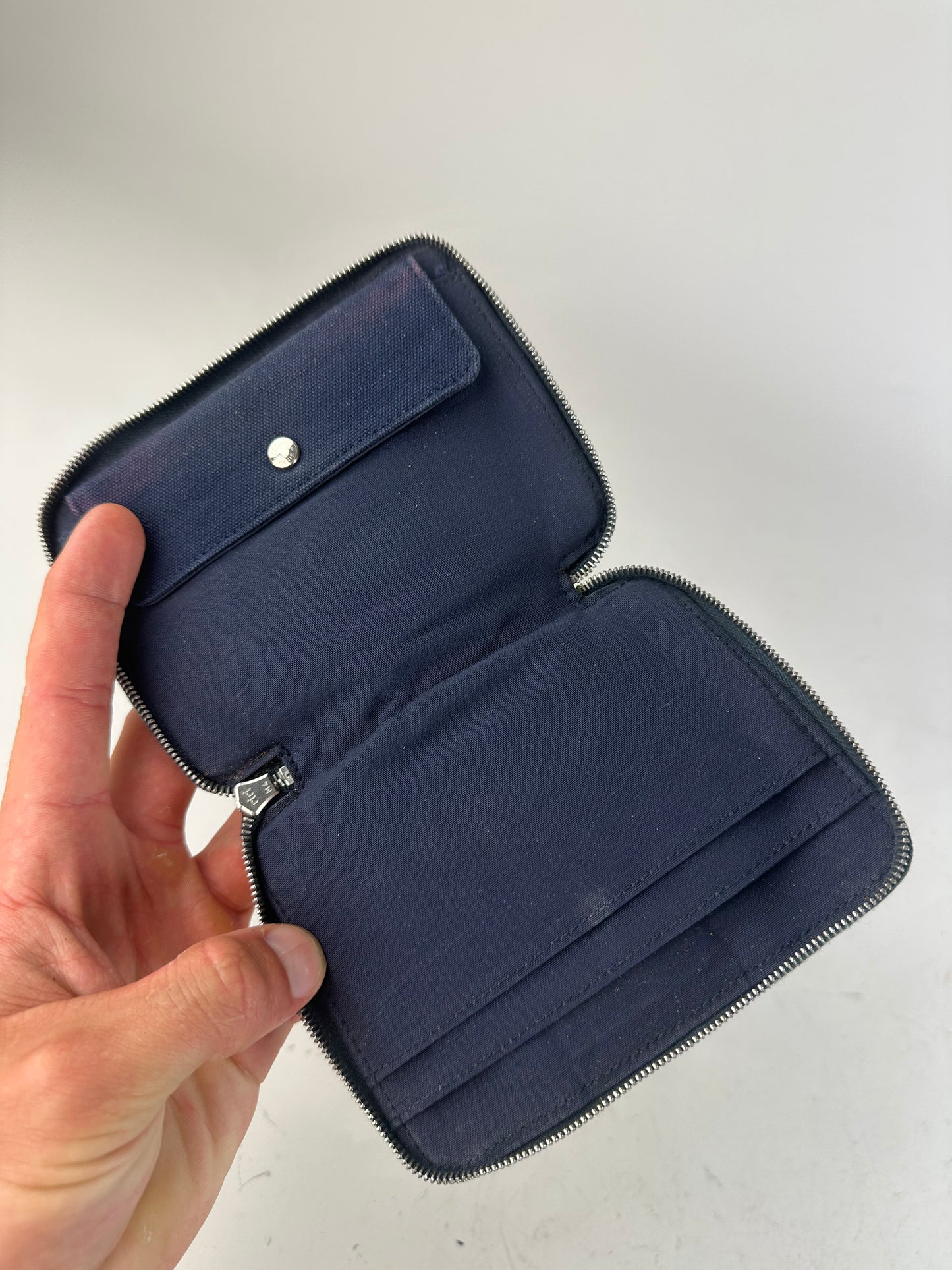 Vintage Hermes Canvas Zip Wallet Navy Blue Silver