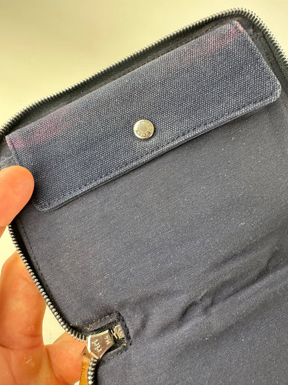 Vintage Hermes Canvas Zip Wallet Navy Blue Silver