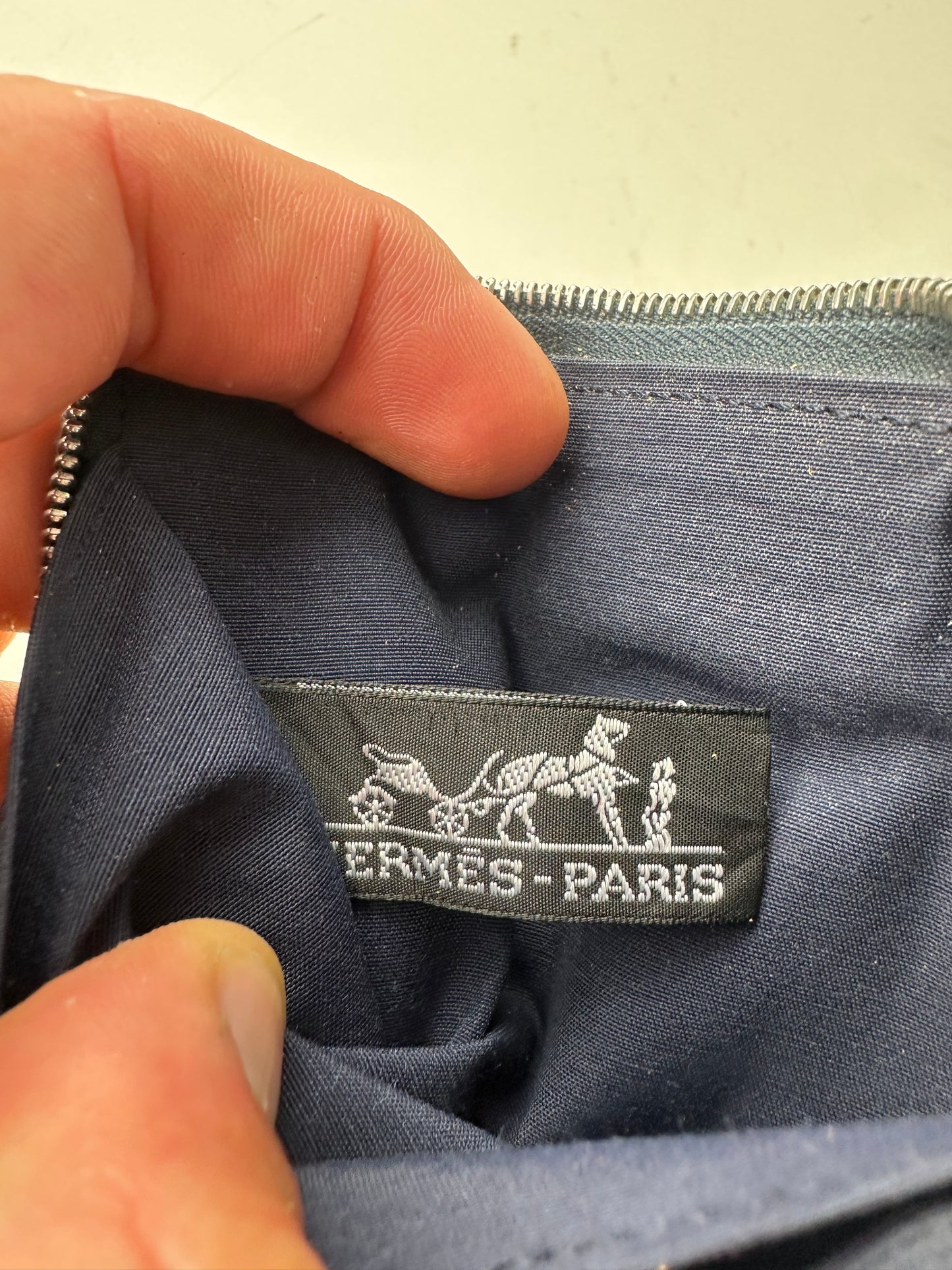 Vintage Hermes Canvas Zip Wallet Navy Blue Silver