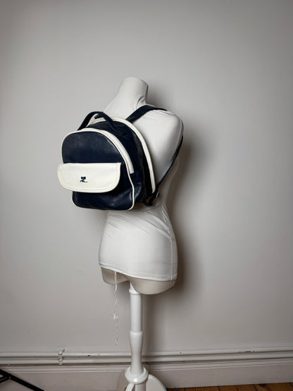 Sac à dos vintage Courreges Paris en cuir bleu marine et blanc