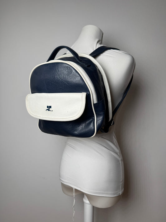 Sac à dos vintage Courreges Paris en cuir bleu marine et blanc