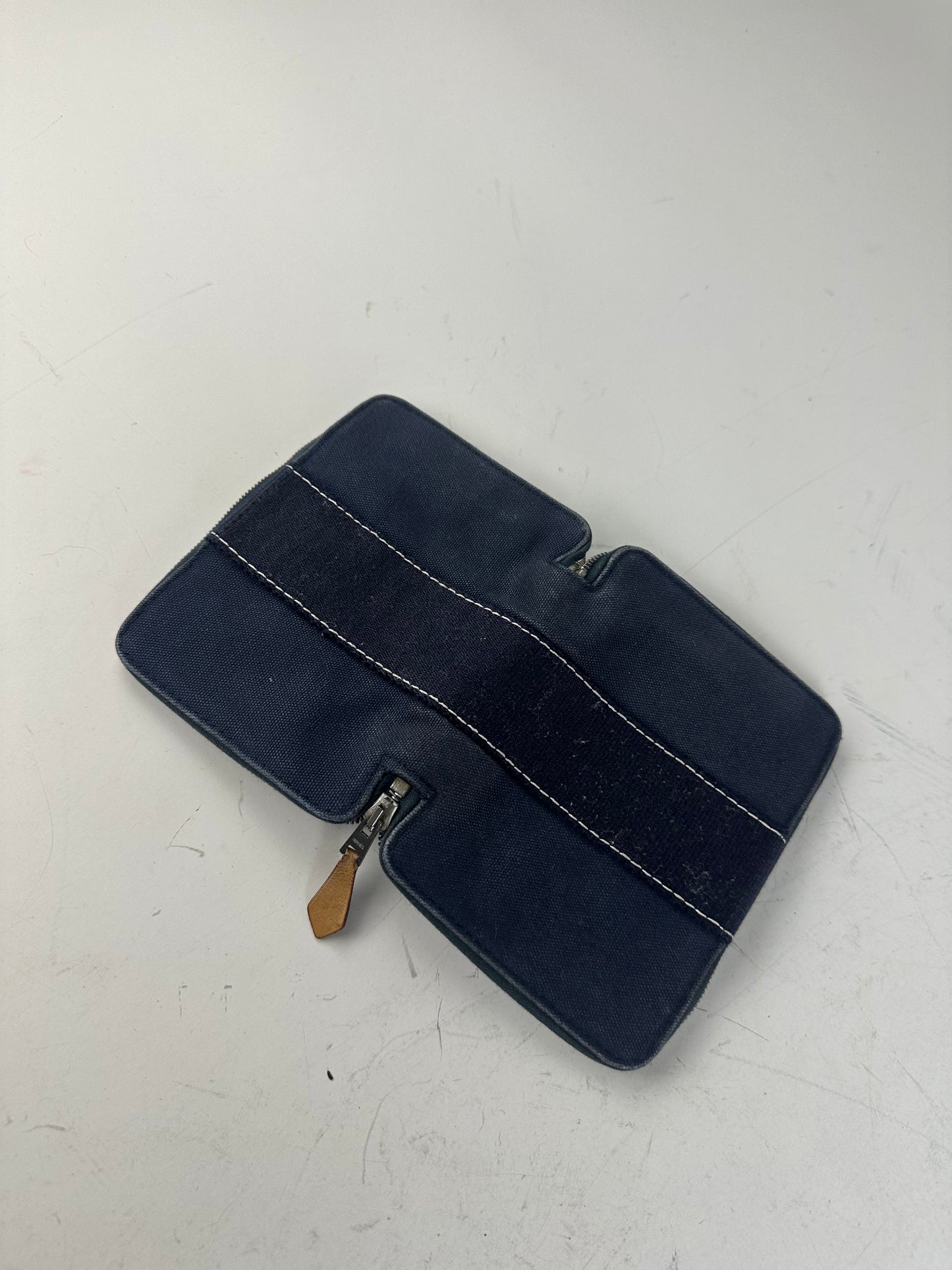 Vintage Hermes Canvas Zip Wallet Navy Blue Silver