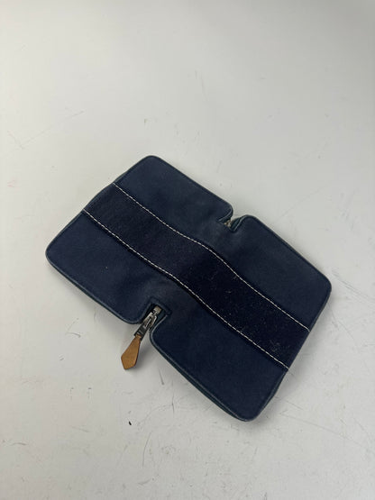 Vintage Hermes Canvas Zip Wallet Navy Blue Silver