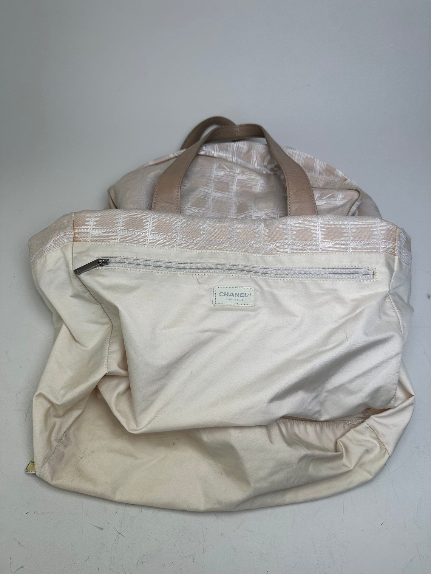 Vintage Chanel CC Logo Fabric Tote Cream Beige Silver